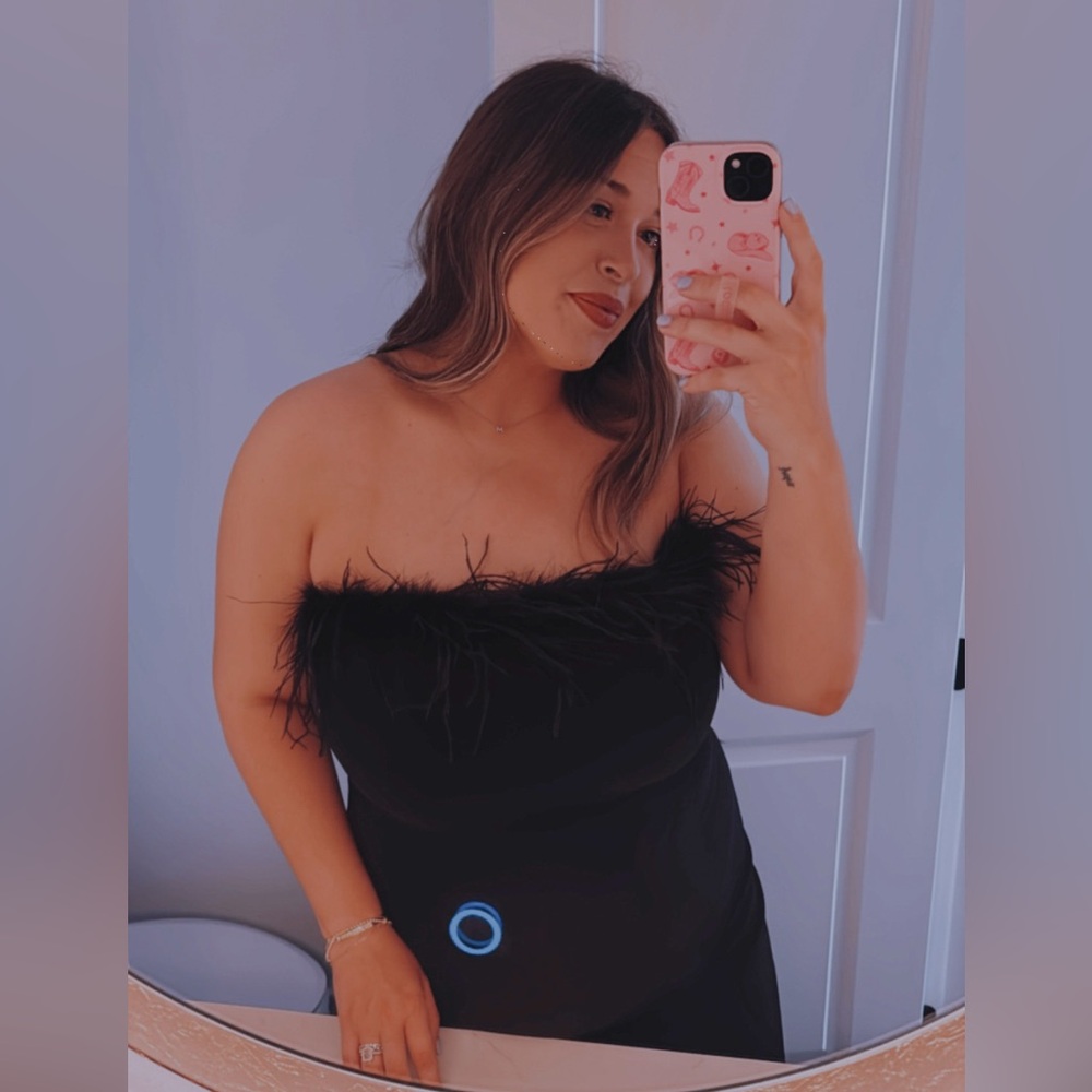 Petal & Pup Black Strapless Feather Trim Jumpsuit